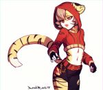 2019 anthro breasts clothed clothing dash_ravo felid feline female hair hoodie mammal navel open_mouth simple_background small_breasts solo standing white_background 