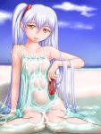  1girl :d ^jj^ arm_support beach blue_sky cloud collarbone covered_nipples dress hair_between_eyes highres hoshino_ruri kidou_senkan_nadesico long_hair looking_at_viewer open_mouth see-through see-through_silhouette shiny shiny_hair short_dress silver_hair sitting sky sleeveless sleeveless_dress smile solo very_long_hair wet wet_clothes wet_dress white_dress yellow_eyes 