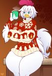  _kacey_kinsington avian big_breasts bird breasts chicken christmas clothing cup female galliform gallus_(genus) hi_res holidays huge_breasts jaeh phasianid small_head solo soulblader sweater thick_thighs topwear wide_hips 