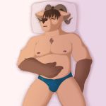  1:1 2019 absurd_res akki_cnmn anthro bed belly biceps big_belly big_breasts boxers_(clothing) breasts clothed clothing digital_media_(artwork) eyes_closed fur hair hi_res male mammal nipples open_mouth overweight overweight_male pecs simple_background sleeping slightly_chubby solo thick_thighs tongue topless underwear ursid wide_hips 