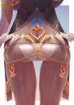  1girl ass back bandaged_arm bandages black_hair border breasts dark_skin fate/grand_order fate_(series) feathers gradient gradient_background highres hip_focus large_breasts long_hair panties scheherazade_(fate/grand_order) solo sweat takehisa_tomoe thighs underwear white_border white_panties 