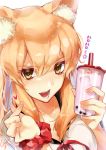  1girl absurdres animal_ear_fluff animal_ears bangs blonde_hair blush breasts bubble_tea cup drinking_straw eyebrows_visible_through_hair fate/grand_order fate_(series) fox_ears fox_tail gyaru hair_between_eyes highres holding holding_cup large_breasts long_hair looking_at_viewer open_mouth red_scrunchie school_uniform scrunchie short_sleeves signature smile solo suzuka_gozen_(fate) tail upper_body utayoi_(umakatare) white_background wrist_scrunchie yellow_eyes 