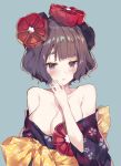  1girl absurdres bangs bare_shoulders blue_background blush breasts brown_hair cleavage collarbone commentary_request eyebrows_visible_through_hair fate/grand_order fate_(series) floral_print hair_ornament hand_up highres japanese_clothes katsushika_hokusai_(fate/grand_order) kimono leisss looking_at_viewer medium_breasts obi off_shoulder parted_lips print_kimono purple_eyes purple_kimono sash short_eyebrows short_hair short_sleeves signature simple_background solo thick_eyebrows upper_body wide_sleeves 