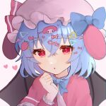  1girl :o alternate_costume arm_up bangs bat_wings blue_bow blue_bowtie blush bow bowtie commentary_request crossed_bangs dot_nose dress eyebrows_visible_through_hair eyelashes fang frilled_sleeves frills fuua_(fxae3875) hair_ornament hairclip hat hat_bow hat_ribbon highres light_blue_hair long_sleeves mob_cap open_mouth pink_dress pink_headwear red_bow red_eyes red_ribbon remilia_scarlet ribbon shiny shiny_hair short_hair simple_background skin_fang smile solo standing touhou white_background wings 