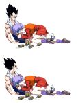  1boy 1girl beer_can black_eyes black_hair blue_eyes bulma can closed_eyes dragon_ball dragon_ball_z dress earrings hairband jewelry kim_yura_(goddess_mechanic) muscle open_mouth purple_hair shirtless shoes shorts sitting sneakers striped striped_dress tears towel towel_around_neck vegeta vest 