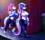  absurd_res anthro clothed clothing dickgirl dragon duo fish footwear hair hi_res horn intersex marine outside owletfluff shark sherri_aura shoes smile walking wide_hips 
