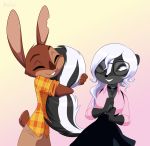  &lt;3 absurd_res bottomwear clothing diana_rayablanca eyes_closed eyewear fan_character fluffy fluffy_tail gerry_(zootopia) glasses hi_res jewelry lagomorph leporid mammal mephitid necklace notched_ear rabbit shirt skeletonguys-and-ragdolls skirt skunk smile tail_hug topwear 