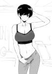  1girl :o breasts cleavage hand_in_hair highres large_breasts monochrome navel norman_maggot olive_laurentia original panties pants panty_pull short_hair sketch sports_bra sweat sweatpants underwear 