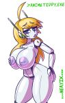  alpha_channel big_breasts blonde_hair blue_eyes breasts cave_story curly_brace female hair hand_on_butt huge_breasts humanoid inverted_nipples machine neayix nipples not_furry open_mouth robot simple_background solo text transparent_background video_games white_skin 