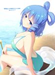  1girl aqua_swimsuit artist_name ass backless_outfit backless_swimsuit bangs bare_arms bare_back bare_shoulders blue_eyes blue_hair blush breasts cleavage commentary_request drill_hair drill_locks eyebrows_visible_through_hair feet_out_of_frame hair_ornament hair_rings hair_stick head_tilt holding kaku_seiga large_breasts looking_at_viewer nnyara one-piece_swimsuit shawl short_hair sitting smile solo swimsuit thighs touhou translation_request twitter_username water white_background 