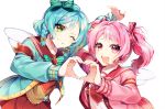  2girls :d aqua_cardigan aqua_hair armband bang_dream! bangs bow bowtie green_bow green_eyes green_neckwear grin hair_bow headset heart heart_hands heart_hands_duo heart_print hikawa_hina long_hair long_sleeves looking_at_viewer maruyama_aya minori_(faddy) multiple_girls one_eye_closed open_mouth pink_cardigan pink_eyes pink_hair red_bow red_neckwear red_skirt sailor_collar short_hair side_braids simple_background skirt smile striped striped_bow striped_neckwear suspenders twintails upper_body white_background white_wings wings yellow_bow 