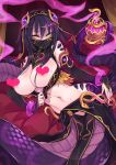  1girl breasts bridal_gauntlets censored face_mask heart heart_censor kenkou_cross lamia large_breasts licking_lips looking_at_viewer mask midriff monster_girl nipples original purple_hair scales slit_pupils snake_tail solo tail tongue tongue_out yellow_eyes 