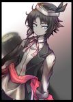  1boy black_hair black_headwear black_pants black_vest blue_eyes bow bowtie brownie_(food_fantasy) closed_mouth cowboy_shot dutch_angle food_fantasy grey_skin grey_theme kirita_(noraring) looking_at_viewer male_focus messy_hair pants pink_bow shirt smile solo vest white_shirt 