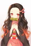  1girl black_hair blush eyebrows_visible_through_hair gradient gradient_background hair_ribbon hands_on_own_chest highres kamado_nezuko kh_(kh_1128) kimetsu_no_yaiba long_hair looking_at_viewer mouth_hold multicolored_hair pink_ribbon red_eyes red_hair ribbon simple_background solo two-tone_hair upper_body very_long_hair 
