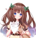  .live 1girl belt blue_eyes blush brown_hair commentary_request contract hair_ornament hair_ribbon heart highres kakyouin_chieri kishikino long_hair looking_at_viewer paper pen pov pov_hands ribbon simple_background smile solo sweat sweating_profusely translation_request virtual_youtuber white_background 