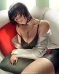  1girl bangs banned_artist black_hair blue_hair breasts brown_eyes choker collar collarbone couch jewelry labcoat looking_at_viewer medium_breasts nail_polish necklace persona persona_5 short_hair sitting smile solo takemi_tae zumi_(zumidraws) 