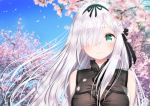  1girl bangs bare_shoulders black_ribbon blue_hair blurry blurry_foreground blush braid branch breasts cherry_blossoms depth_of_field eyebrows_visible_through_hair flower green_eyes hair_flower hair_ornament hair_over_one_eye hair_ribbon kamiki_kinu kinu_channel large_breasts long_hair looking_at_viewer petals pink_flower ribbon silver_hair sleeveless solo upper_body virtual_youtuber yasuyuki 