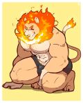  2019 abs absurd_res anthro body_hair chest_hair facial_hair felid fire flaming_hair fur hair hi_res kneeling lion male mammal muscular muscular_male mustache nipples pantherine rcnice rcnicevevo red_eyes smile smirk solo tan_fur 