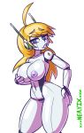  alpha_channel big_breasts blonde_hair blue_eyes breasts cave_story curly_brace female hair hand_on_butt humanoid inverted_nipples machine neayix nipples not_furry pussy robot simple_background solo text transparent_background video_games white_skin 
