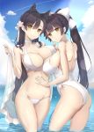  2girls :&gt; animal_ears ass atago_(azur_lane) atago_(midsummer_march)_(azur_lane) azur_lane bangs bare_arms bare_shoulders bikini blue_sky blunt_bangs blush bow breasts brown_eyes casual_one-piece_swimsuit choker cleavage closed_mouth cloud collarbone cowboy_shot day eyebrows_visible_through_hair flower hair_bow hair_flower hair_ornament hand_on_own_stomach highres holding large_breasts long_hair mole mole_under_eye multiple_girls ocean one-piece_swimsuit outdoors parted_lips pink_flower shoulder_blades sideboob sky smile sparkle stomach straight_hair swimsuit takao_(azur_lane) takao_(beach_rhapsody)_(azur_lane) unaligned_breasts very_long_hair wading water white_bikini white_bow white_choker white_swimsuit yuzu-aki 