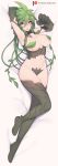  1girl :o arm_behind_head armpits arms_up bangs bed_sheet blue_eyes breasts commentary dakimakura dryad english_commentary eyebrows_visible_through_hair eyelashes full_body green_hair groin hair_between_eyes highres kii_(monster_musume) large_breasts leaf long_hair looking_at_viewer lying monster_girl monster_musume_no_iru_nichijou nanoless navel open_mouth patreon_username plant_girl plant_hair revealing_clothes short_eyebrows solo thighhighs thighs watermark 