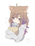  +++ 1girl ahoge animal animal_ear_fluff animal_ears blush_stickers brown_hair cat_ears closed_mouth fish food_in_mouth grey_hoodie highres hood hood_down hoodie long_hair mafuyu_(chibi21) mouth_hold multicolored_hair object_hug original purple_eyes purple_hair signature simple_background sketch solo streaked_hair white_background x_x 