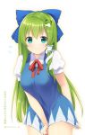  1girl artist_name bangs blue_bow blue_dress blush bow breasts cirno cirno_(cosplay) commentary_request cosplay cowboy_shot dress dress_tug eyebrows_visible_through_hair flying_sweatdrops frog_hair_ornament green_eyes green_hair hair_between_eyes hair_bow hair_ornament hair_tubes kochiya_sanae large_breasts long_hair looking_at_viewer neck_ribbon nnyara pinafore_dress puffy_short_sleeves puffy_sleeves red_neckwear red_ribbon ribbon shirt short_dress short_sleeves sidelocks simple_background snake_hair_ornament solo standing sweat thighs touhou translation_request twitter_username very_long_hair white_background white_shirt 