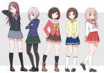  5girls afterglow_(bang_dream!) aoba_moca arms_behind_back bang_dream! bangs black_footwear black_hair black_jacket black_legwear blazer blue_eyes blue_jacket blue_neckwear blue_skirt blush bob_cut boots bow bowtie brown_eyes brown_footwear brown_hair brown_skirt cardigan commentary_request crossed_arms frown full_body green_eyes green_skirt grey_background grey_hair grey_skirt hand_behind_head hand_on_hip hands_together hazawa_tsugumi jacket kneehighs loafers long_hair long_sleeves looking_at_viewer low_twintails miniskirt mitake_ran multicolored_hair multiple_girls neck_ribbon necktie pantyhose pigeon-toed pink_hair pink_neckwear pleated_skirt purple_eyes red_hair red_jacket red_skirt ribbon school_uniform serafuku shipii_(jigglypuff) shoes short_hair simple_background skirt smile standing streaked_hair thighhighs twintails udagawa_tomoe uehara_himari white_legwear yellow_cardigan yellow_neckwear 