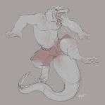 anthro clothed clothing crocodile crocodilian crocodylid drooling greyscale hi_res male monochrome nipples open_mouth reptile saliva scalie scar sketch solo tongue tongue_out topless yogoat 