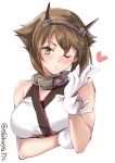  1girl bare_shoulders blown_kiss blush breasts brown_hair cleavage ebifurya eyebrows_visible_through_hair flipped_hair gloves green_eyes hair_between_eyes hairband headgear heart highres kantai_collection kiss large_breasts lips looking_at_viewer midriff mutsu_(kantai_collection) one_eye_closed pink_lips short_hair solo spoken_heart twitter_username upper_body white_background white_gloves 