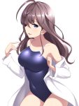  1girl ahoge bangs bare_shoulders blue_eyes blue_swimsuit blush breasts brown_hair collarbone covered_navel eyebrows_visible_through_hair highres ichinose_shiki idolmaster idolmaster_cinderella_girls labcoat large_breasts long_hair looking_at_viewer off_shoulder one-piece_swimsuit open_mouth pataniito school_swimsuit simple_background smile solo swimsuit wavy_hair white_background 