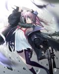  aizawa_masaya ar-15 bangs black_gloves black_legwear blue_eyes blurry commentary depth_of_field dress feathers feet_out_of_frame fingerless_gloves girls_frontline gloves gun hair_between_eyes highres holding holding_gun holding_weapon jacket long_hair open_clothes open_jacket pink_hair rifle single_thighhigh sleeveless sleeveless_dress solo st_ar-15_(girls_frontline) thighhighs weapon white_dress 