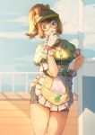  1girl absurdres against_railing alternate_costume alternate_hairstyle apron blue_sky bow breasts brown_eyes brown_hair cloud cloudy_sky cowboy_shot cup day deck drinking_straw glasses gloves hair_bow high_ponytail highres honeydew_mei looking_at_viewer medium_breasts medium_hair mei_(overwatch) overwatch puffy_sleeves railing round_eyewear shenji_laurant shiny shiny_skin short_sleeves shorts sideways_glance sipping sky solo thick_thighs thighs visor_cap white_gloves yellow_bow 