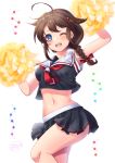  1girl adapted_costume ahoge black_serafuku blue_eyes braid brown_hair cheerleader cropped_shirt hair_flaps hair_ornament hair_over_shoulder hair_ribbon ittokyu kantai_collection looking_at_viewer miniskirt navel neckerchief one_eye_closed open_mouth pleated_skirt pom_poms remodel_(kantai_collection) ribbon school_uniform serafuku shigure_(kantai_collection) simple_background skirt smile standing stomach white_background 