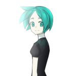  1other androgynous aqua_eyes aqua_hair cao_hong_anh colored_eyelashes gem_uniform_(houseki_no_kuni) green_eyes green_hair houseki_no_kuni looking_at_viewer looking_back phosphophyllite short_hair smile solo upper_body white_background 