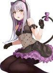  1girl animal_ears asato_(fadeless) bang_dream! bangs black_gloves black_legwear blush bow cat_ears cat_tail commentary_request detached_sleeves fake_animal_ears fang fishnet_top frilled_skirt frills gloves grey_hair lace lace-trimmed_legwear long_hair looking_at_viewer minato_yukina navel neck_ribbon open_mouth purple_bow purple_neckwear ribbon simple_background skirt solo tail tail_bow thighhighs white_background yellow_eyes 