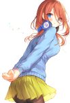  1girl arms_behind_back black_legwear blue_eyes blush breasts brown_hair cardigan closed_mouth eyebrows_visible_through_hair go-toubun_no_hanayome green_skirt headphones headphones_around_neck kh_(kh_1128) large_breasts long_hair long_sleeves looking_at_viewer nakano_miku pantyhose pouty_lips skirt solo 