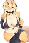  2019 4_fingers anthro big_breasts black_nose blonde_hair blue_hair blush breasts canid canine cleavage clothed clothing faeki faeki_(character) female food fox fruit fur hair hairpin hi_res kemono mammal navel open_mouth plant portrait simple_background sitting slightly_chubby smile solo strawberry tan_fur undressing white_background white_fur 