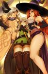  2019 3girls abs amazon amazon_(dragon&#039;s_crown) armlet armpits artist_name belt bikini blue_eyes bow_(weapon) braid breasts brown_eyes brown_hair circlet cleavage detached_sleeves dragon&#039;s_crown dress elf elf_(dragon&#039;s_crown) eyeshadow girl_sandwich gloves grey_hair hand_on_hip hat highres knees_together_feet_apart large_breasts long_hair looking_at_another makeup merunyaa multiple_girls muscle muscular_female navel patreon_username pixiv_username pointy_ears sandwiched short_shorts shorts silver_hair smile sorceress_(dragon&#039;s_crown) standing stomach sweat swimsuit thighhighs toned twin_braids very_long_hair weapon witch_hat yuri 