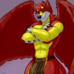  1:1 anthro bulge canid canine clothed clothing crossed_arms feathered_wings feathers hi_res horn hybrid loincloth looking_at_viewer male mammal muscular muscular_male seibear smile solo standing topless wings 