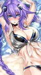  1girl absurdres beach bikini blue_eyes blush braid breasts cleavage gloves hair_ornament highres jacket large_breasts long_hair looking_at_viewer neptune_(series) nyamota power_symbol purple_hair purple_heart smile solo swimsuit symbol-shaped_pupils twin_braids very_long_hair wet wet_clothes 