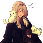  1girl :3 :o ^_^ an-94_(girls_frontline) animal animal_on_shoulder bangs black_gloves black_hairband black_jacket blush_stickers cat cat_on_shoulder closed_eyes commentary eyebrows_visible_through_hair girls_frontline gloves green_eyes hair_intakes hairband highres holding holding_animal holding_cat jacket long_hair long_sleeves looking_at_animal one_eye_closed panichyun saliva sidelocks tareme upper_body white_background white_hair yawning 