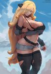  1girl absurdres blonde_hair blue_sky breasts cutesexyrobutts hair_ornament hairclip highres jacket large_breasts long_hair looking_at_viewer nipples paid_reward parted_lips patreon_reward pokemon pokemon_(game) pokemon_dppt shirona_(pokemon) short_shorts shorts sky solo torn_clothes very_long_hair 