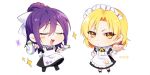  2girls :d alternate_costume apron bang_dream! bangs black_dress black_legwear blonde_hair blush_stickers character_name chibi cup dress enmaided food full_body hair_ribbon hand_on_hip holding holding_plate holding_teapot looking_at_viewer maid maid_apron masking_(bang_dream!) minori_(faddy) multiple_girls open_mouth plate ponytail purple_neckwear ribbon saucer seta_kaoru short_hair short_sleeves simple_background smile sparkle strawberry_shortcake teacup u_u v-shaped_eyebrows white_apron white_background white_ribbon wrist_cuffs yellow_eyes yellow_neckwear 