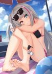  1girl arms_on_knees bangs beach bikini bird black_bikini blue_eyes blush breasts can cellphone cooler eyebrows_visible_through_hair feet flip_phone frilled_bikini frills full_body girls_frontline grey_hair grin head_on_knees heterochromia highres holding holding_phone kurisu-kun long_hair looking_at_viewer mdr_(girls_frontline) multicolored_hair ocean one_side_up phone pink_eyes pink_hair sand sidelocks sitting smile soles solo streaked_hair swimsuit toes 