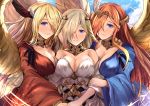  3girls badhbh_catha blonde_hair blue_eyes blush breasts choker circlet cleavage commentary_request dress feathers granblue_fantasy hair_ornament hair_over_one_eye hand_on_another&#039;s_arm holding_hands kanzaki_kureha large_breasts looking_at_viewer morrigna multiple_girls orange_hair siblings sisters smile wings 