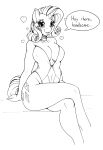 &lt;3 absurd_res anthro anthrofied big_breasts black_and_white breasts cleavage clothed clothing cutie_mark dialogue english_text equid eyeshadow friendship_is_magic hi_res horn longinius makeup mammal monochrome my_little_pony nipple_outline one-piece_swimsuit piercing rarity_(mlp) sitting solo swimwear text unicorn 