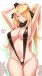  1girl ? armpits arms_up ass_visible_through_thighs blonde_hair blue_eyes blush breasts cleavage commentary_request covered_nipples cowboy_shot gen_1_pokemon groin hair_ornament hair_over_one_eye highres hypno hypnosis kouki_(pokemon) large_breasts long_hair looking_at_viewer mind_control navel pokemon pokemon_(creature) pokemon_(game) pokemon_dppt shirona_(pokemon) shuugetsu_karasu simple_background slingshot_swimsuit smile spoken_question_mark stomach sweatdrop swimsuit thumbs_up very_long_hair white_background 