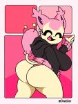  2019 abstract_background anthro anthrofied big_breasts big_butt black_nose breasts butt clothed clothing cute_fangs dewy-eyedboy digital_media_(artwork) english_text eyelashes eyes_closed fangs felid female fur hoodie looking_back mammal nintendo open_mouth panties pink_clothing pink_fur pink_panties pink_underwear pok&eacute;mon pok&eacute;mon_(species) pok&eacute;morph side_boob skitty solo text underwear video_games 