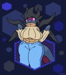  2019 abstract_background anthro big_breasts blue_skin breasts clothed clothing dewy-eyedboy digital_media_(artwork) dragon drey_(crisus) eyelashes female headhands hydreigon looking_away multi_head nintendo pok&eacute;mon pok&eacute;mon_(species) purple_eyes reptile scalie shy solo sweater thick_thighs topwear video_games wide_hips wings 